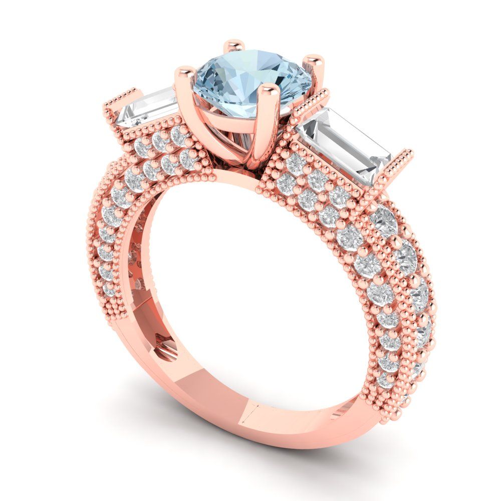2.33 cttw Zirconia Simulated Blue Diamond Three-Stone Engagement Ring - Solid Rose Gold (VVS1, Round Cut,6.5mm)