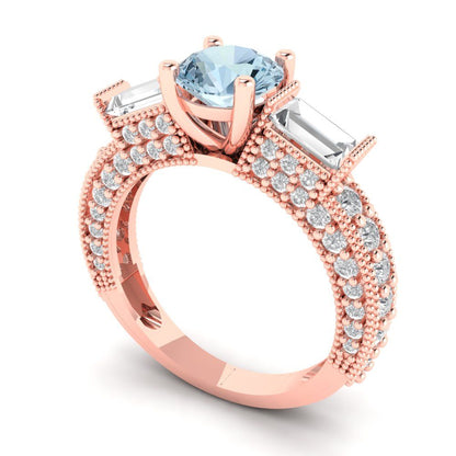 2.33 cttw Zirconia Simulated Blue Diamond Three-Stone Engagement Ring - Solid Rose Gold (VVS1, Round Cut,6.5mm)