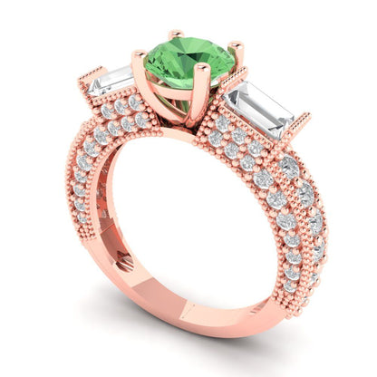 2.33 cttw Zirconia Simulated Green Diamond Three-Stone Engagement Ring - Solid Rose Gold (VVS1, Round Cut,6.5mm)