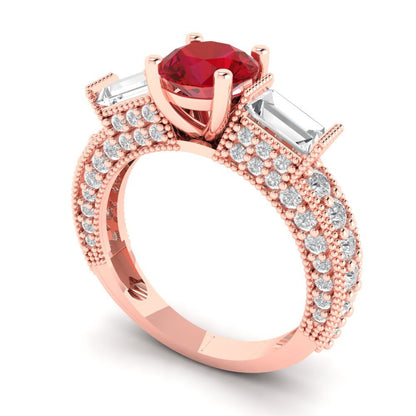 2.33 cttw Simulated Pink Tourmaline Three-Stone Engagement Ring - Solid Rose Gold (VVS1, Round Cut,6.5mm)