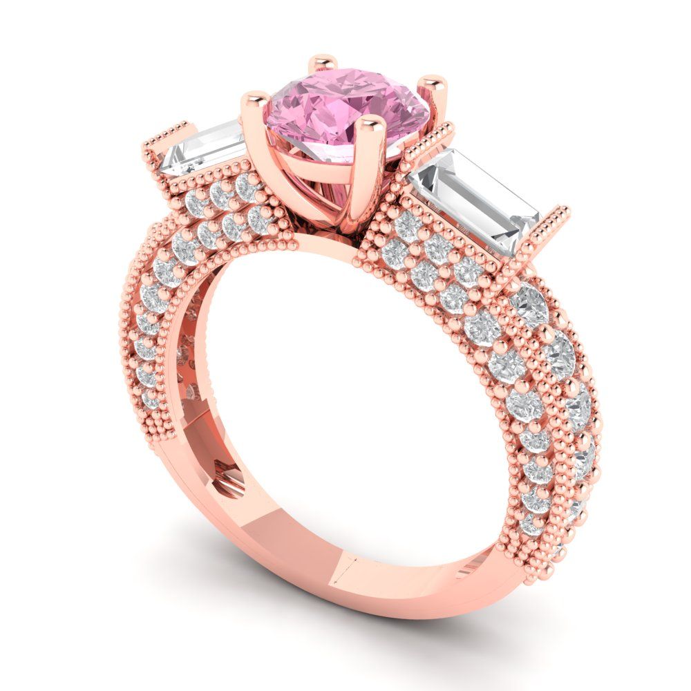 2.33 cttw Zirconia Simulated Pink Diamond Three-Stone Engagement Ring - Solid Rose Gold (VVS1, Round Cut,6.5mm)