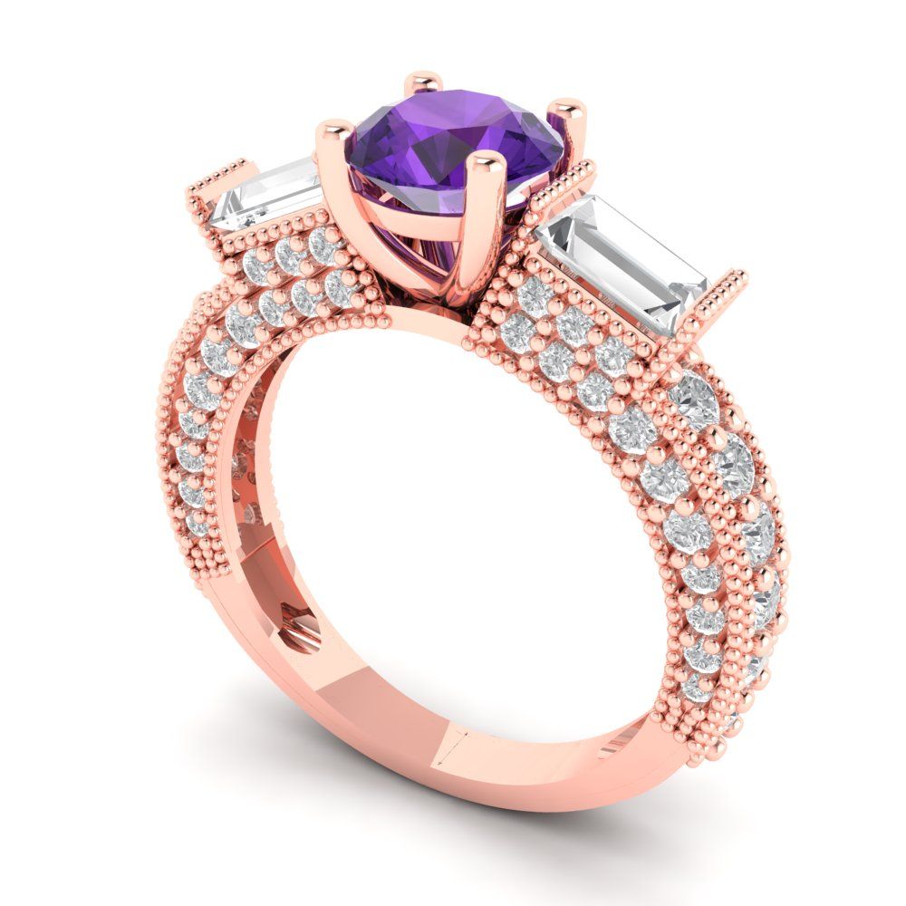 2.33 cttw Natural Amethyst Three-Stone Engagement Ring - Solid Rose Gold (VVS1, Round Cut,6.5mm)