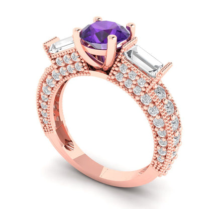2.33 cttw Natural Amethyst Three-Stone Engagement Ring - Solid Rose Gold (VVS1, Round Cut,6.5mm)