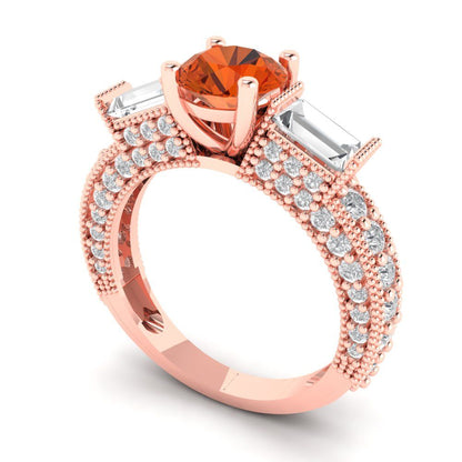 2.33 cttw Zirconia Simulated Red Diamond Three-Stone Engagement Ring - Solid Rose Gold (VVS1, Round Cut,6.5mm)