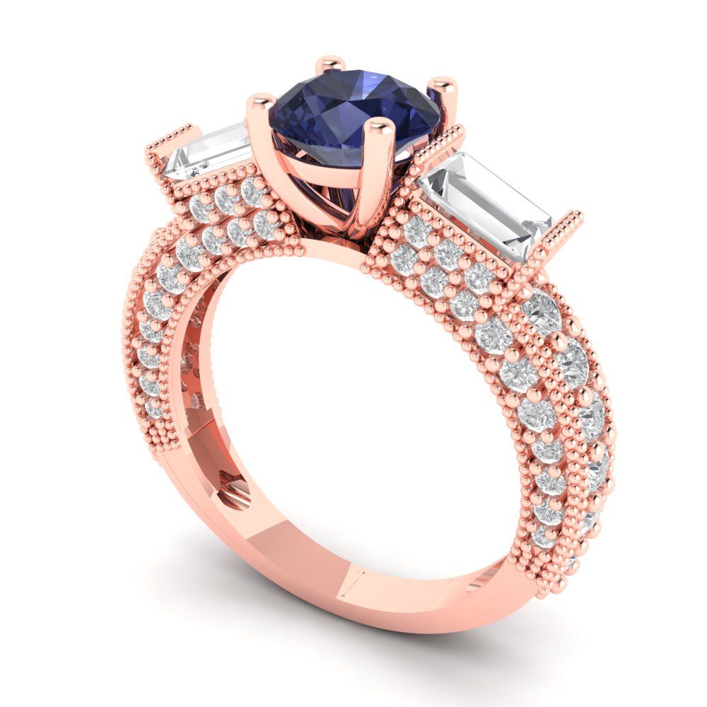 2.33 cttw Simulated Blue Sapphire Three-Stone Engagement Ring - Solid Rose Gold (VVS1, Round Cut,6.5mm)