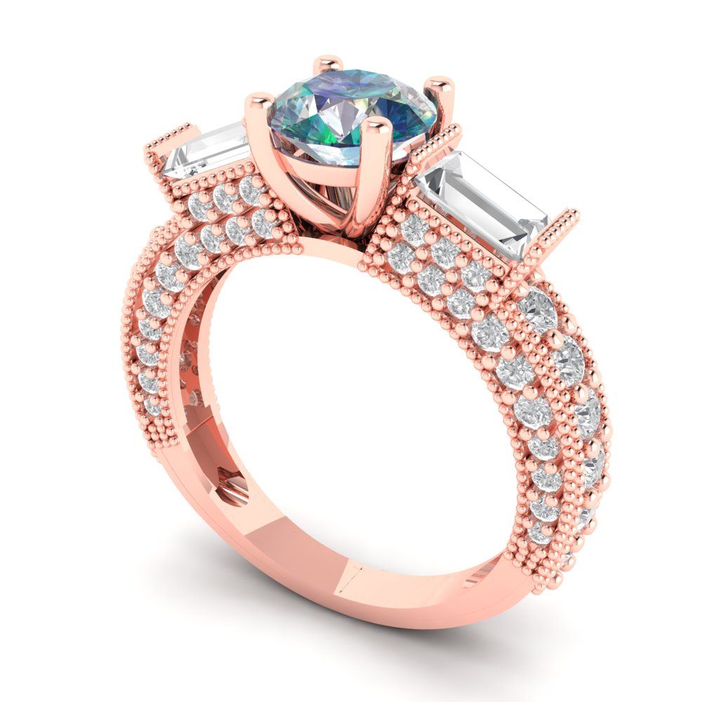 2.33 cttw Blue Moissanite Three-Stone Engagement Ring - Solid Rose Gold (VVS1, Round Cut,6.5mm)