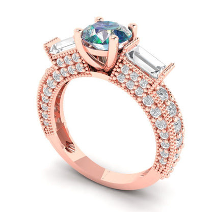 2.33 cttw Blue Moissanite Three-Stone Engagement Ring - Solid Rose Gold (VVS1, Round Cut,6.5mm)