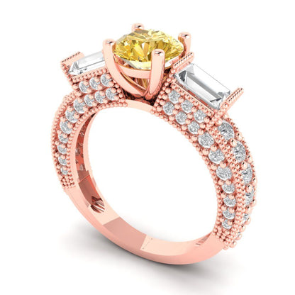 2.33 cttw Zirconia Simulated Yellow Diamond Three-Stone Engagement Ring - Solid Rose Gold (VVS1, Round Cut,6.5mm)