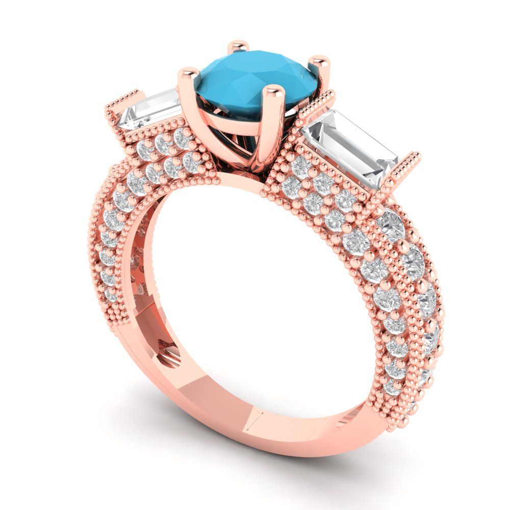 2.33 cttw Simulated Turquoise Three-Stone Engagement Ring - Solid Rose Gold (VVS1, Round Cut,6.5mm)