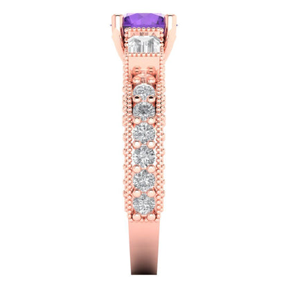 2.33 cttw Natural Amethyst Three-Stone Engagement Ring - Solid Rose Gold (VVS1, Round Cut,6.5mm)
