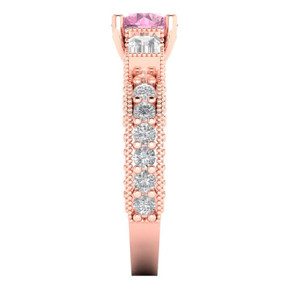 2.33 cttw Zirconia Simulated Pink Diamond Three-Stone Engagement Ring - Solid Rose Gold (VVS1, Round Cut,6.5mm)