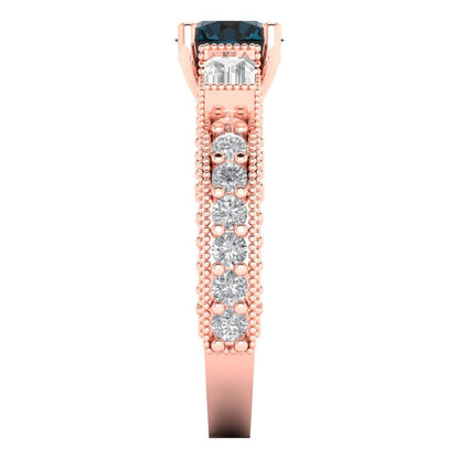2.33 cttw Natural London Blue Topaz Three-Stone Engagement Ring - Solid Rose Gold (VVS1, Round Cut,6.5mm)