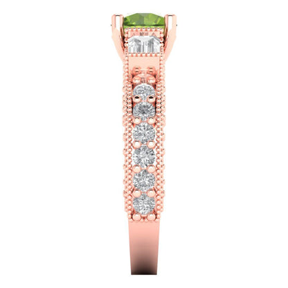 2.33 cttw Natural Peridot Three-Stone Engagement Ring - Solid Rose Gold (VVS1, Round Cut,6.5mm)