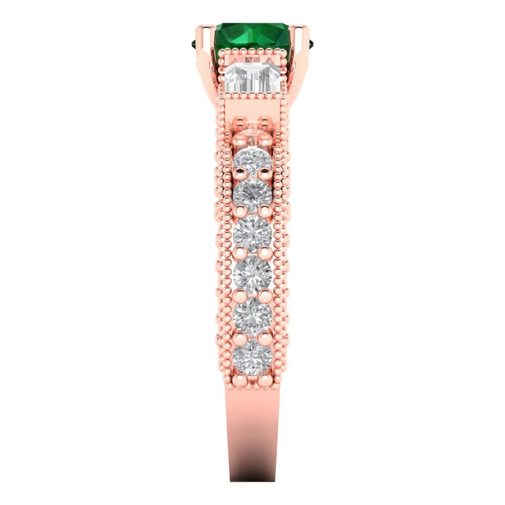 2.33 cttw Simulated Emerald Three-Stone Engagement Ring - Solid Rose Gold (VVS1, Round Cut,6.5mm)