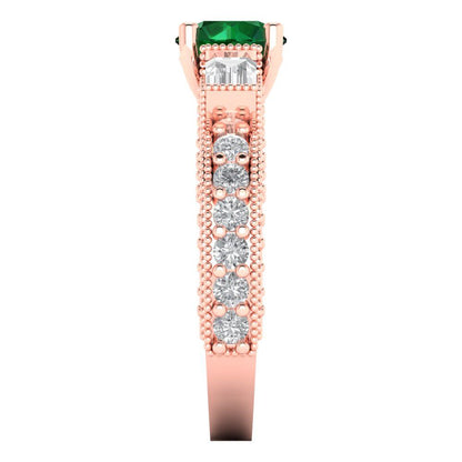 2.33 cttw Simulated Emerald Three-Stone Engagement Ring - Solid Rose Gold (VVS1, Round Cut,6.5mm)