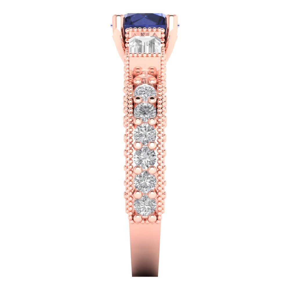 2.33 cttw Simulated Blue Sapphire Three-Stone Engagement Ring - Solid Rose Gold (VVS1, Round Cut,6.5mm)