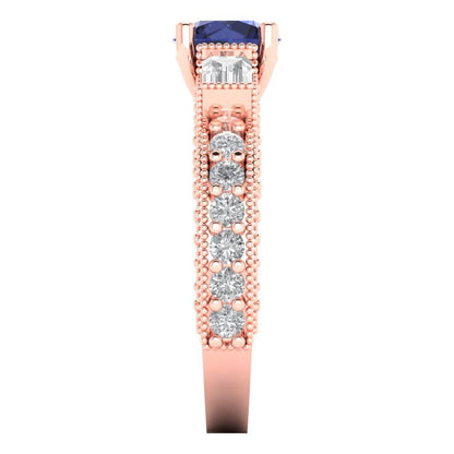 2.33 cttw Simulated Blue Sapphire Three-Stone Engagement Ring - Solid Rose Gold (VVS1, Round Cut,6.5mm)