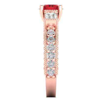 2.33 cttw Simulated Ruby Three-Stone Engagement Ring - Solid Rose Gold (VVS1, Round Cut,6.5mm)