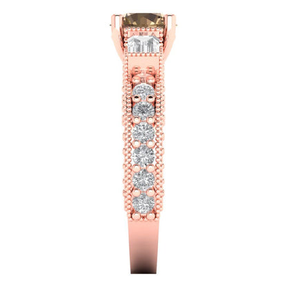 2.33 cttw Zirconia Simulated Champagne Diamond Three-Stone Engagement Ring - Solid Rose Gold (VVS1, Round Cut,6.5mm)