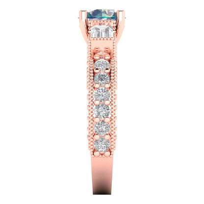 2.33 cttw Blue Moissanite Three-Stone Engagement Ring - Solid Rose Gold (VVS1, Round Cut,6.5mm)