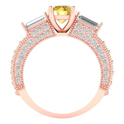 2.33 cttw Zirconia Simulated Yellow Diamond Three-Stone Engagement Ring - Solid Rose Gold (VVS1, Round Cut,6.5mm)