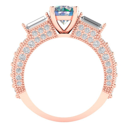 2.33 cttw Blue Moissanite Three-Stone Engagement Ring - Solid Rose Gold (VVS1, Round Cut,6.5mm)