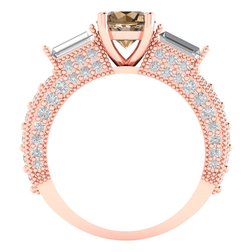 2.33 cttw Zirconia Simulated Champagne Diamond Three-Stone Engagement Ring - Solid Rose Gold (VVS1, Round Cut,6.5mm)