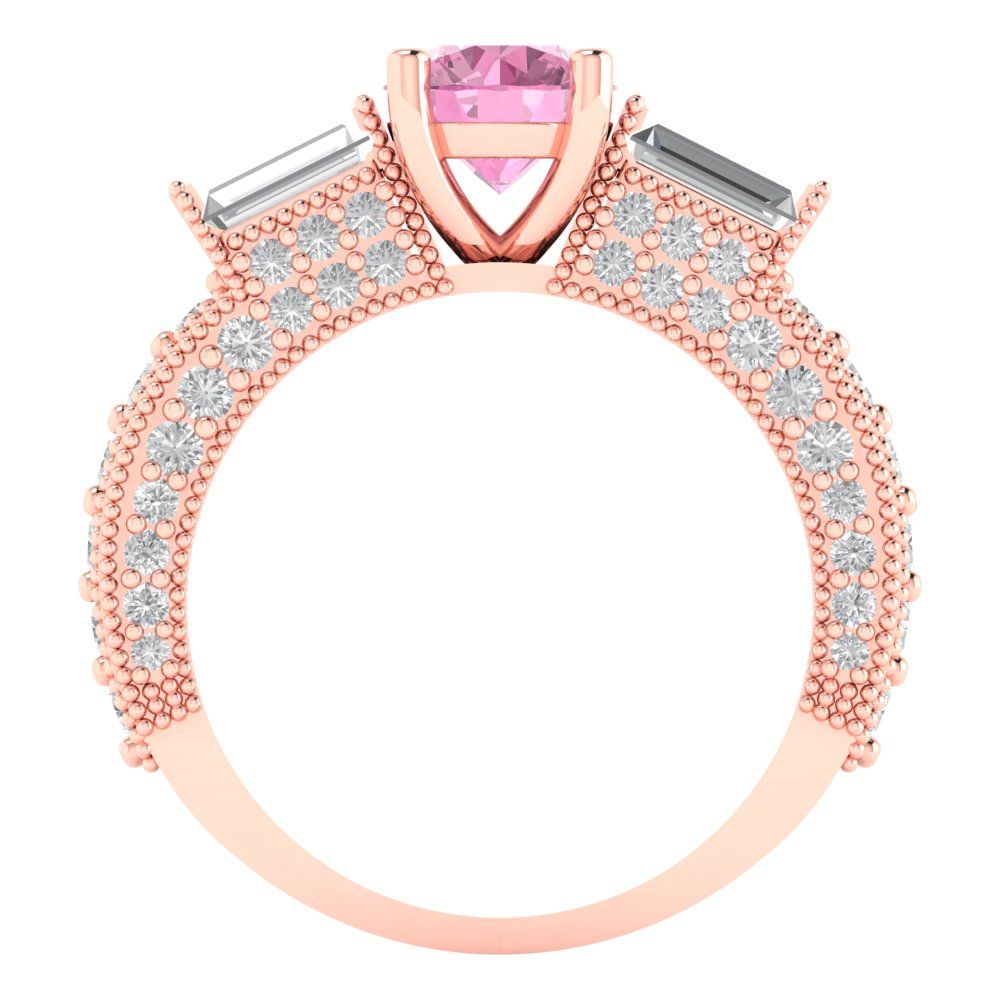 2.33 cttw Zirconia Simulated Pink Diamond Three-Stone Engagement Ring - Solid Rose Gold (VVS1, Round Cut,6.5mm)