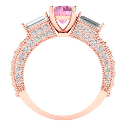 2.33 cttw Zirconia Simulated Pink Diamond Three-Stone Engagement Ring - Solid Rose Gold (VVS1, Round Cut,6.5mm)