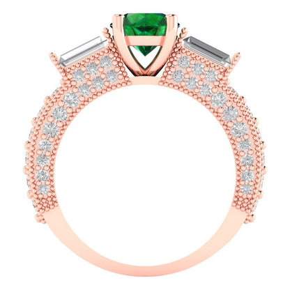 2.33 cttw Simulated Emerald Three-Stone Engagement Ring - Solid Rose Gold (VVS1, Round Cut,6.5mm)