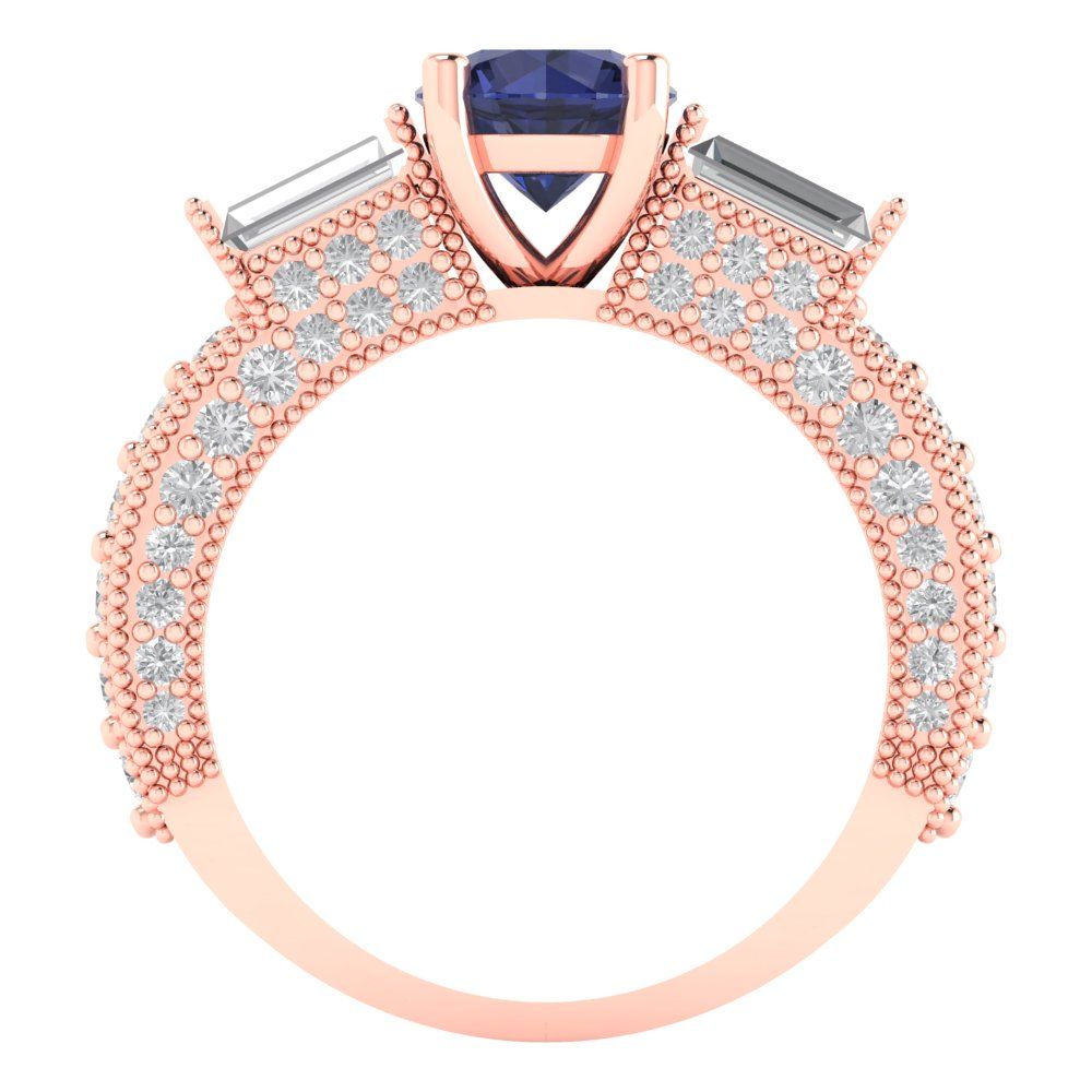 2.33 cttw Simulated Blue Sapphire Three-Stone Engagement Ring - Solid Rose Gold (VVS1, Round Cut,6.5mm)