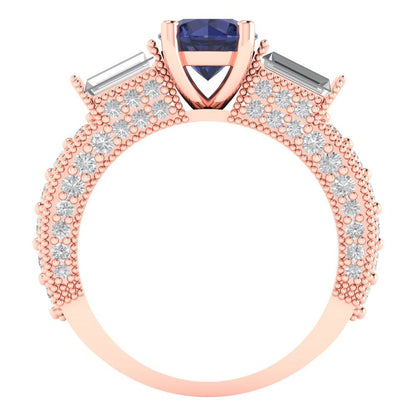 2.33 cttw Simulated Blue Sapphire Three-Stone Engagement Ring - Solid Rose Gold (VVS1, Round Cut,6.5mm)