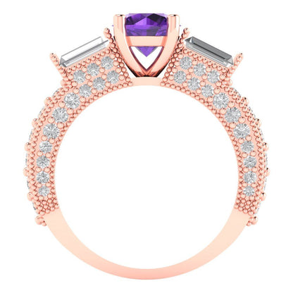 2.33 cttw Natural Amethyst Three-Stone Engagement Ring - Solid Rose Gold (VVS1, Round Cut,6.5mm)