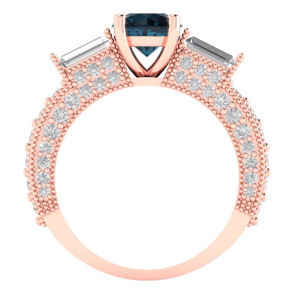 2.33 cttw Natural London Blue Topaz Three-Stone Engagement Ring - Solid Rose Gold (VVS1, Round Cut,6.5mm)