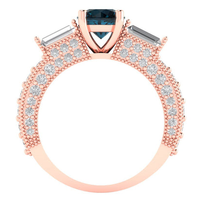 2.33 cttw Natural London Blue Topaz Three-Stone Engagement Ring - Solid Rose Gold (VVS1, Round Cut,6.5mm)