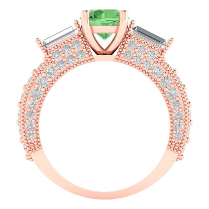 2.33 cttw Zirconia Simulated Green Diamond Three-Stone Engagement Ring - Solid Rose Gold (VVS1, Round Cut,6.5mm)