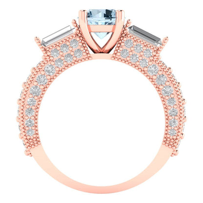 2.33 cttw Natural Aquamarine Three-Stone Engagement Ring - Solid Rose Gold (VVS1, Round Cut,6.5mm)