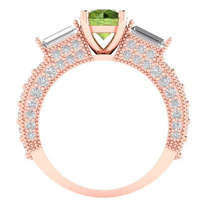 2.33 cttw Natural Peridot Three-Stone Engagement Ring - Solid Rose Gold (VVS1, Round Cut,6.5mm)