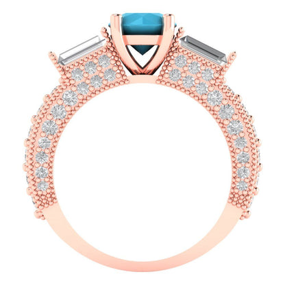 2.33 cttw Simulated Turquoise Three-Stone Engagement Ring - Solid Rose Gold (VVS1, Round Cut,6.5mm)