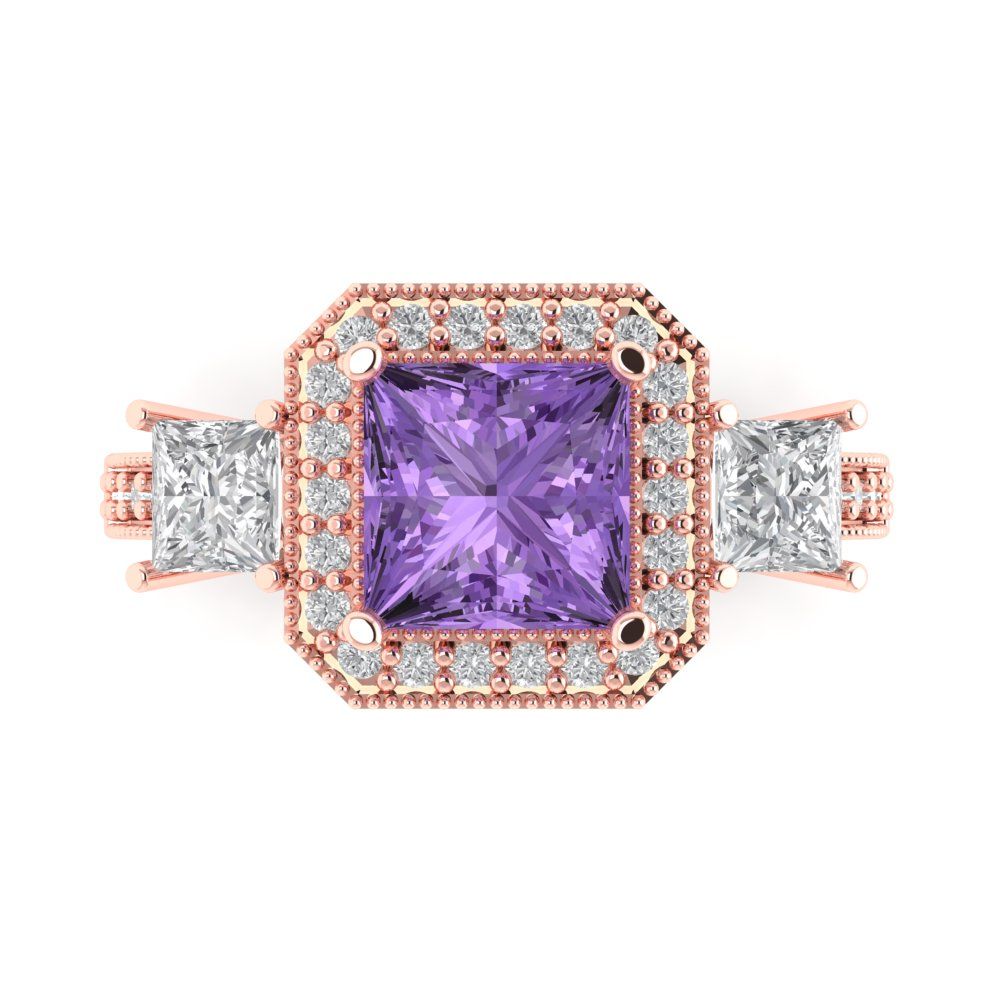 3.005 cttw Simulated Alexandrite Three-Stone Engagement Ring - Solid Rose Gold (VVS1, Princess Cut,7.0mm)