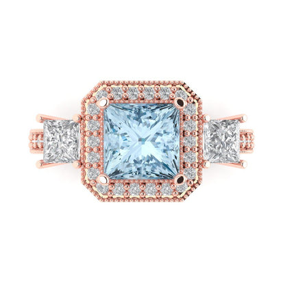 3.005 cttw Natural Sky Blue Topaz Three-Stone Engagement Ring - Solid Rose Gold (VVS1, Princess Cut,7.0mm)