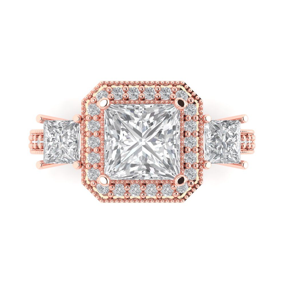 3.005 cttw Moissanite Three-Stone Engagement Ring - Solid Rose Gold (VVS1, Princess Cut,7.0mm)