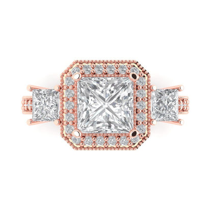 3.005 cttw Moissanite Three-Stone Engagement Ring - Solid Rose Gold (VVS1, Princess Cut,7.0mm)