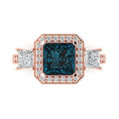 3.005 cttw Natural London Blue Topaz Three-Stone Engagement Ring - Solid Gold (Princess Cut,7.0mm)