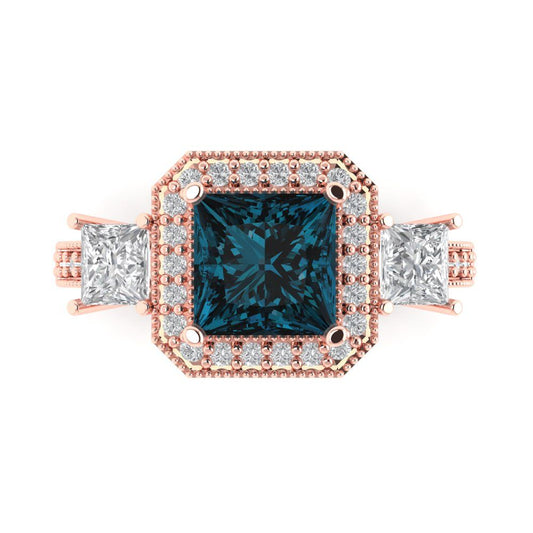 3.005 cttw Natural London Blue Topaz Three-Stone Engagement Ring - Solid Rose Gold (VVS1, Princess Cut,7.0mm)