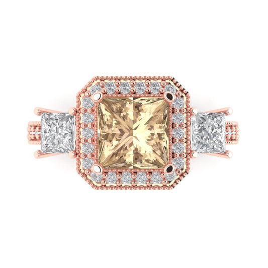 3.005 cttw Yellow Moissanite Three-Stone Engagement Ring - Solid Rose Gold (VVS1, Princess Cut,7.0mm)