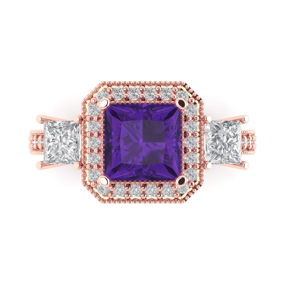 3.005 cttw Natural Amethyst Three-Stone Engagement Ring - Solid Rose Gold (VVS1, Princess Cut,7.0mm)