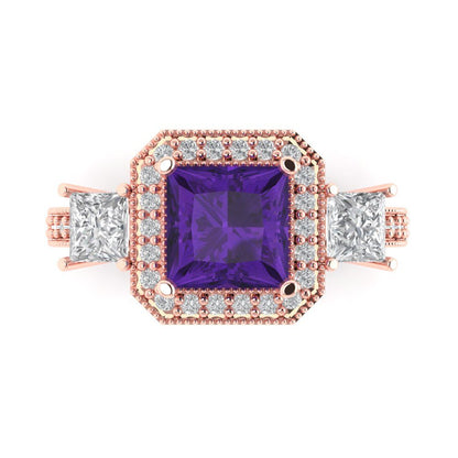 3.005 cttw Natural Amethyst Three-Stone Engagement Ring - Solid Rose Gold (VVS1, Princess Cut,7.0mm)