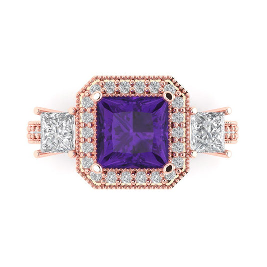 3.005 cttw Natural Amethyst Three-Stone Engagement Ring - Solid Rose Gold (VVS1, Princess Cut,7.0mm)