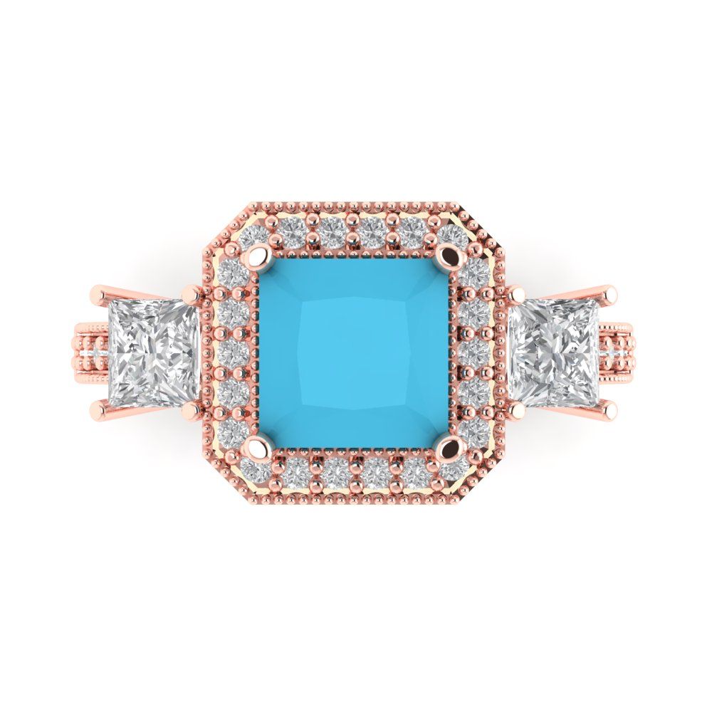 3.005 cttw Simulated Turquoise Three-Stone Engagement Ring - Solid Rose Gold (VVS1, Princess Cut,7.0mm)